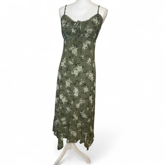 Womens XL Planet Heart Green Floral Dress Lace Bow Y2K Cottagecore Grunge Fairy - Picture 1 of 7